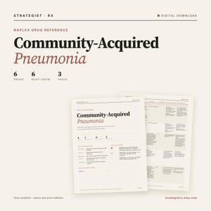 Op de afbeelding: Een digitale download NAPLEX medicatiereferentiegids getiteld Community-Acquired Pneumonia. Het document heeft een gestructureerde lay-out met zwarte en terracotta tekst, met details over 6 medicijnen, 6 must-know feiten en 3 pagina's.