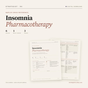 Könnte beinhalten: Ein digitaler NAPLEX-Arzneimittel-Referenzleitfaden mit dem Titel Insomnia Pharmacotherapy. Das Dokument enthält schwarzen und braunen Text auf cremefarbenem Hintergrund und beschreibt 6 Medikamente, 1 wichtiges Wissen und 3 Seiten klinische Informationen.