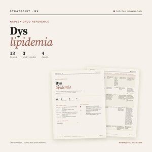 May include: A digital download NAPLEX drug reference guide for dyslipidemia. The document features a clean layout with black and terracotta text, including sections for 13 drugs, 3 must-know facts, and 4 pages of detailed medical information.