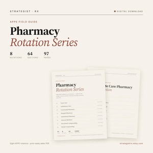 Puede incluir: Una descarga digital titulada Pharmacy Rotation Series APPE Field Guide. El documento cuenta con 8 rotaciones, 64 secciones y 97 páginas. El texto está impreso en negro y marrón sobre un fondo crema, enumerando varias rotaciones de farmacia.