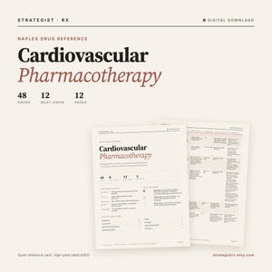 Könnte beinhalten: Ein digitaler NAPLEX-Arzneimittelreferenzleitfaden mit dem Titel Cardiovascular Pharmacotherapy. Das Dokument enthält 48 Medikamente, 12 wichtige Fakten und 12 Inhaltsseiten. Es umfasst Tabellen, medizinische Fachbegriffe und eine Leseanleitung.