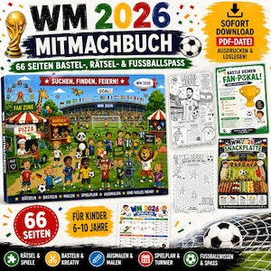 Może przedstawiać: Cyfrowa książka z zadaniami pod tytułem WM 2026 MITMACHBUCH zawierająca 66 stron łamigłówek, wycinanek i kolorowanek o tematyce piłkarskiej dla dzieci. Okładka przedstawia stadion z postaciami z kreskówek, pucharem i piłką nożną.