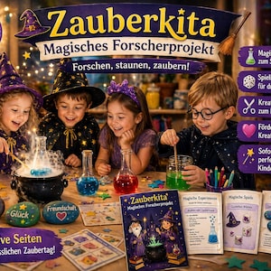 May include: Children dressed as wizards conduct science experiments with colorful liquids and a bubbling cauldron. The image features the text "Zauberkita Magisches Forscherprojekt" and "16 creative pages for an unforgettable magic day!"