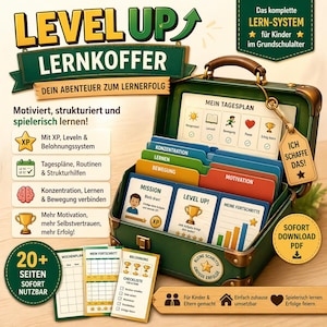 Könnte beinhalten: Grüner Koffer im Stil eines Lernsets mit dem Text "LEVEL UP LERNKOFFER" und "DEIN ABENTEUER ZUM LERNERFOLG". Das Set enthält Karten zum Lernen, zur Motivation und zur Fortschrittsverfolgung, mit den Wörtern "MISSION" und "LEVEL UP!" sichtbar. Das Set ist für Kinder konzipiert.