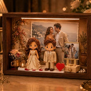 May include: A rectangular wooden shadow box display featuring two stylized figurines of a couple in formal attire, a large background photograph of the same couple, a smaller framed photo, a red heart, and a small gift box with a gold bow.