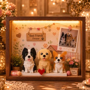 Puede incluir: Un marco tipo caja de madera que contiene tres figuras de perros hechas de bloques, un letrero de madera con el texto Best Friends Forever y una foto de tres perros. La vitrina incluye iluminación, plantas en miniatura, un cuenco y una caja.