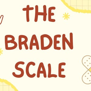 May include: A light yellow background with the words "THE BRADEN SCALE" in brown letters. The image includes a heart with a cross symbol, hands, a bandage, and yellow starbursts. The overall theme is healthcare.