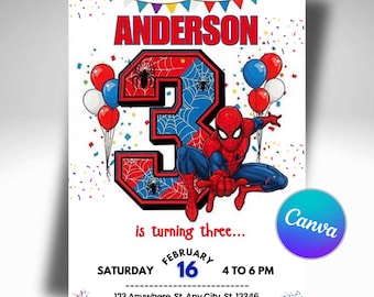 Spider-Man-Geburtstagseinladungsvorlage, Jungen-Superhelden-Party einladen, bearbeitbare digitale Geburtstagseinladung