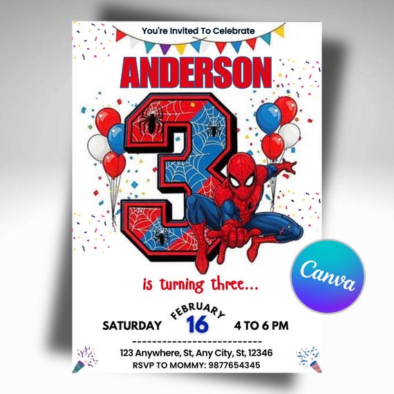 Spider-Man Birthday Invitation Template, Boys Superhero Party Invite, Editable Digital Birthday Invitation