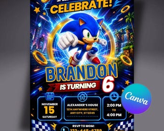 Invitación de cumpleaños de Sonic, invitación editable para fiesta de cumpleaños infantil, descarga digital instantánea 5x7 Canva