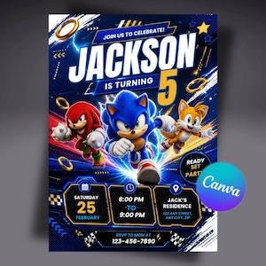 Könnte beinhalten: Eine Geburtstagseinladung mit Sonic the Hedgehog und Freunden. Die Einladung ist blau mit dem Namen "Jackson" und der Zahl "5" in großem weißen Text. Details: Datum, Uhrzeit und Ort.