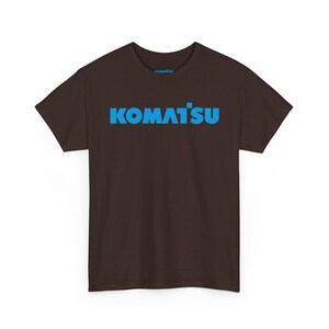 Komatsu Logo Tee | Construction Brand Shirt, Blue Text on Black Dark Chocolate