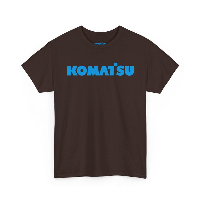 Komatsu Logo Tee | Construction Brand Shirt, Blue Text on Black Dark Chocolate