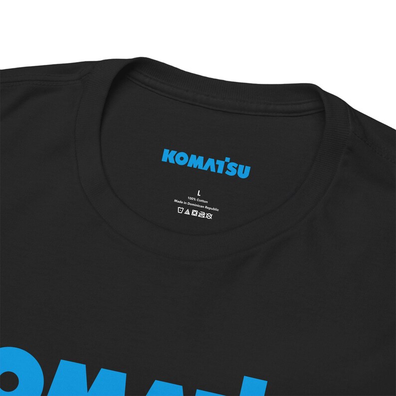 Komatsu Logo Tee | Construction Brand Shirt, Blue Text on Black image 3