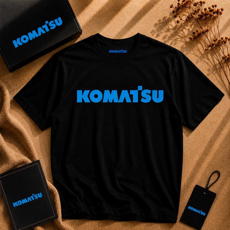 Komatsu Logo Tee | Construction Brand Shirt, Blue Text on Black image 1