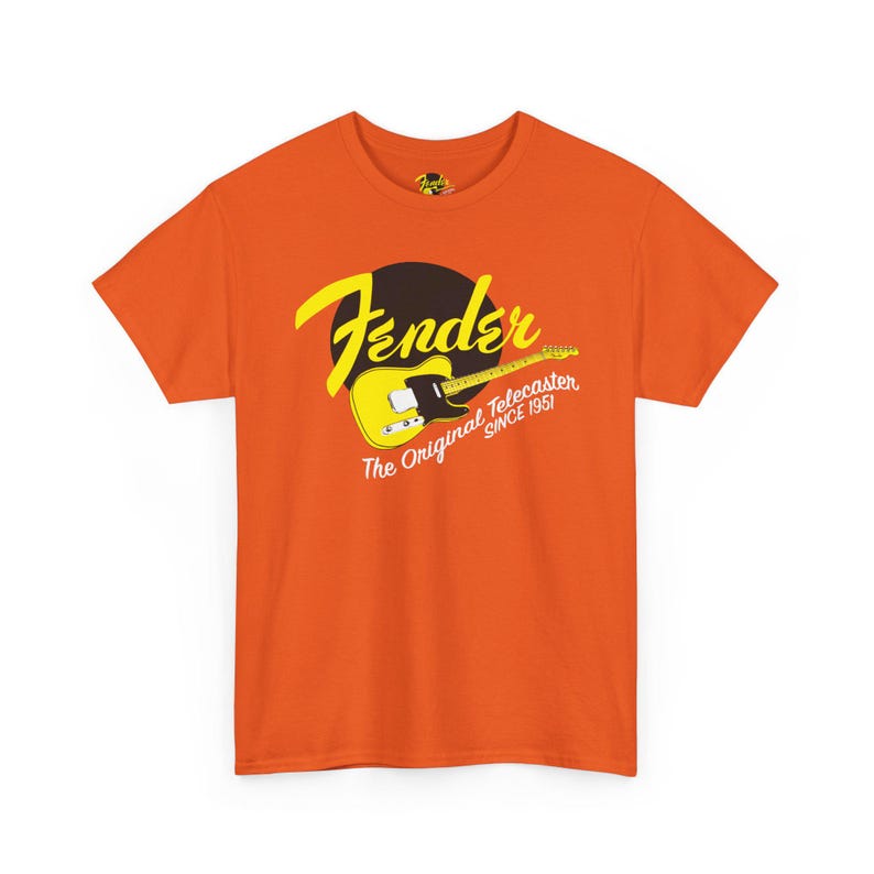 Fender Script gitaar-T-shirt | Vintage Fender-logo, oranje rockshirt afbeelding 6