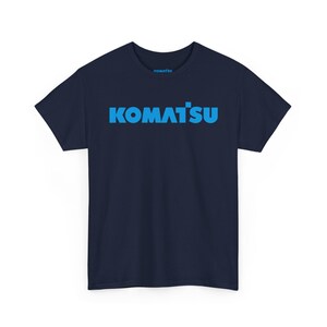 Komatsu Logo Tee | Construction Brand Shirt, Blue Text on Black Navy