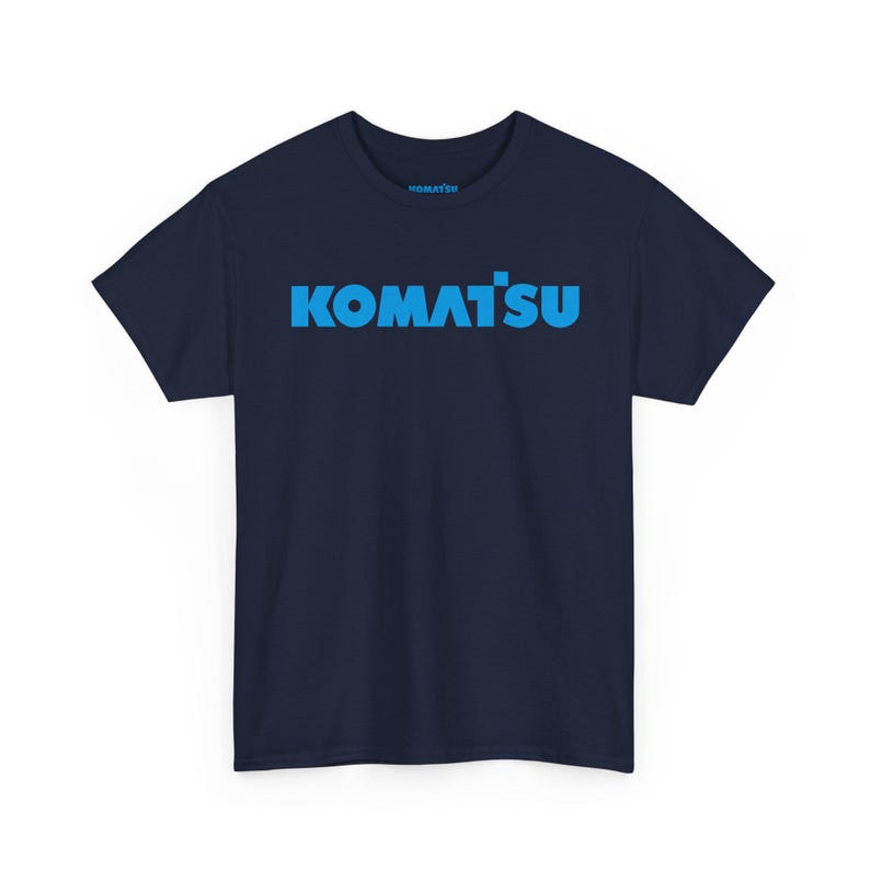 Komatsu Logo Tee | Construction Brand Shirt, Blue Text on Black Navy