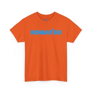 Komatsu Logo Tee | Construction Brand Shirt, Blue Text on Black Orange