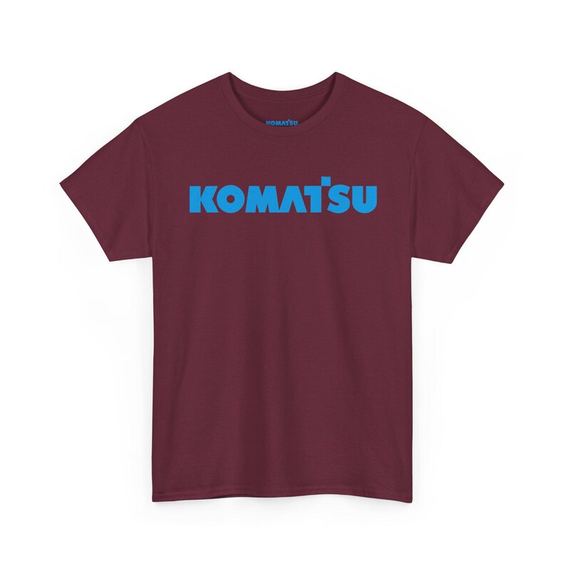 Komatsu Logo Tee | Construction Brand Shirt, Blue Text on Black Maroon