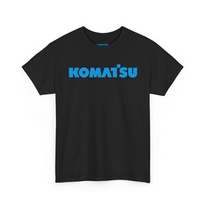 Komatsu Logo Tee | Construction Brand Shirt, Blue Text on Black Black