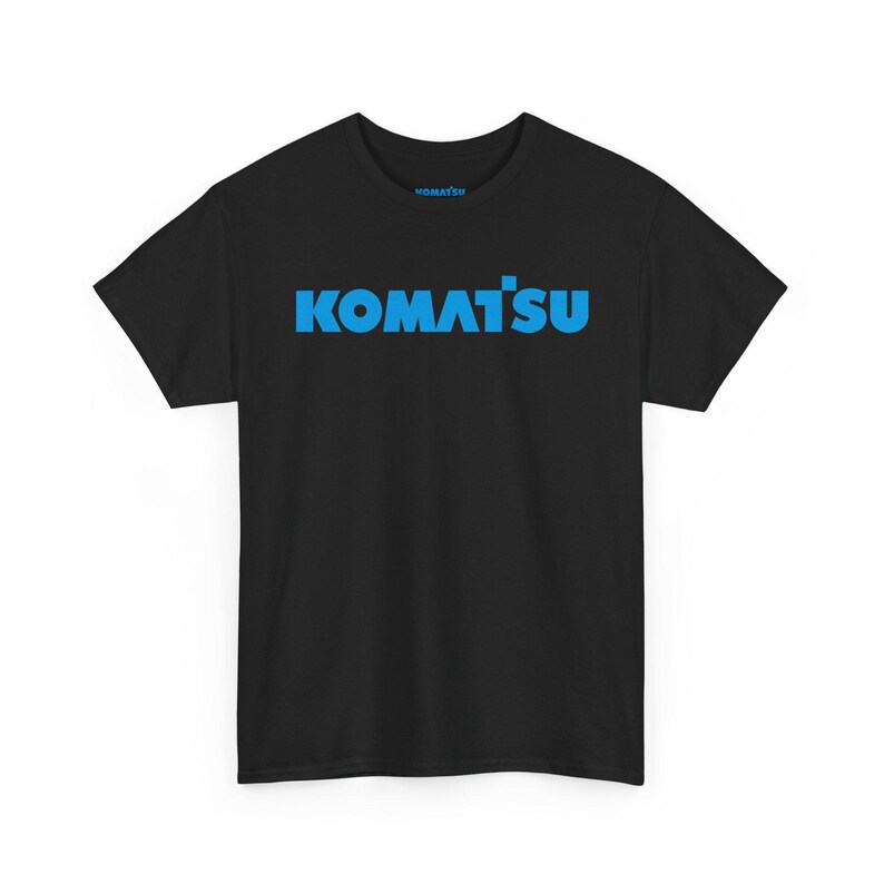 Komatsu Logo Tee | Construction Brand Shirt, Blue Text on Black Black
