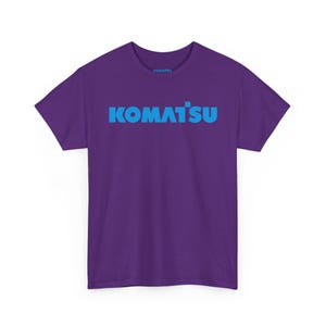 Komatsu Logo Tee | Construction Brand Shirt, Blue Text on Black Purple