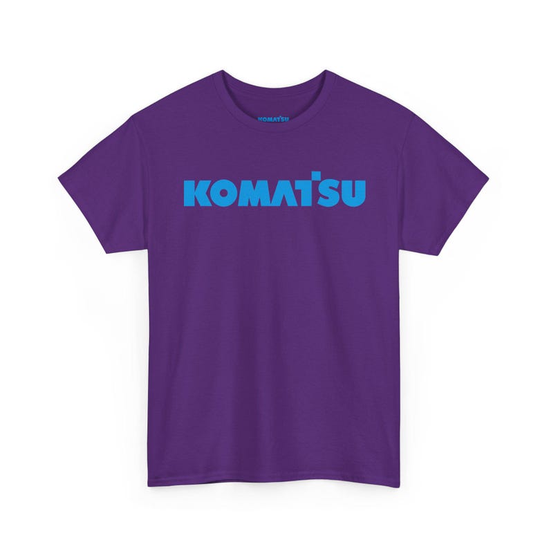Komatsu Logo Tee | Construction Brand Shirt, Blue Text on Black Purple