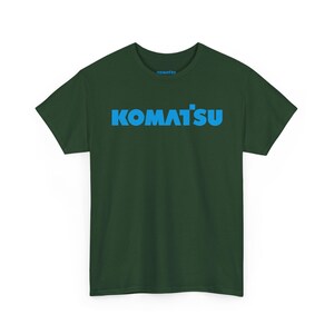 Komatsu Logo Tee | Construction Brand Shirt, Blue Text on Black Forest Green