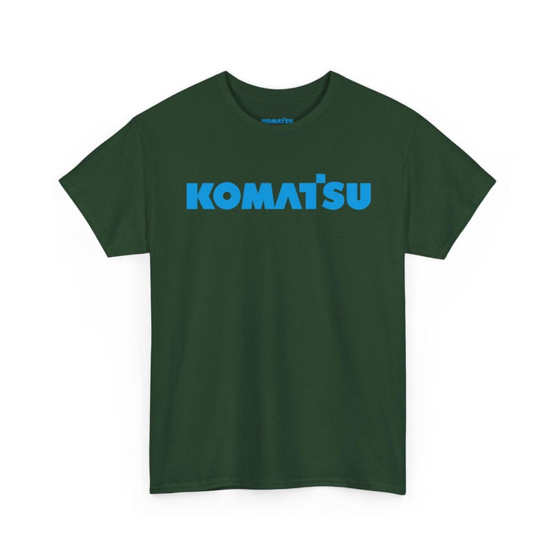 Komatsu Logo Tee | Construction Brand Shirt, Blue Text on Black Forest Green