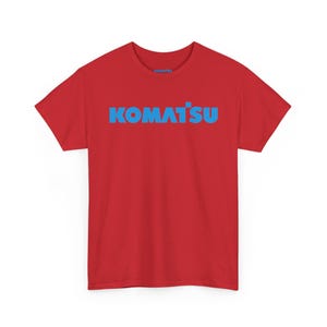 Komatsu Logo Tee | Construction Brand Shirt, Blue Text on Black Red