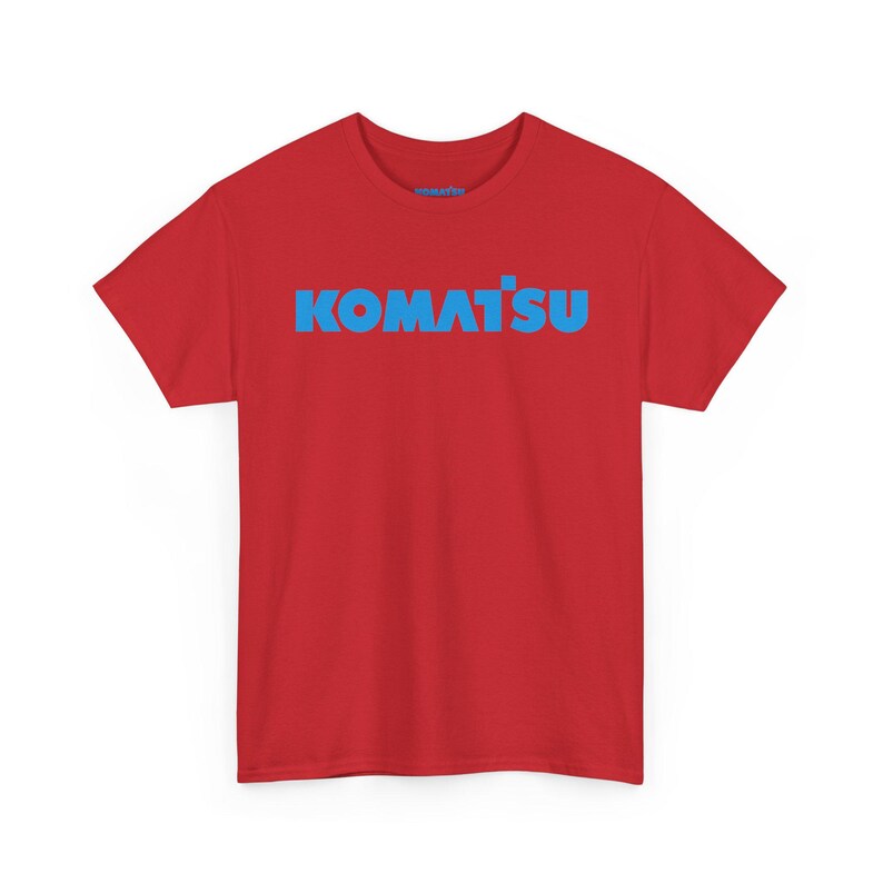 Komatsu Logo Tee | Construction Brand Shirt, Blue Text on Black Red