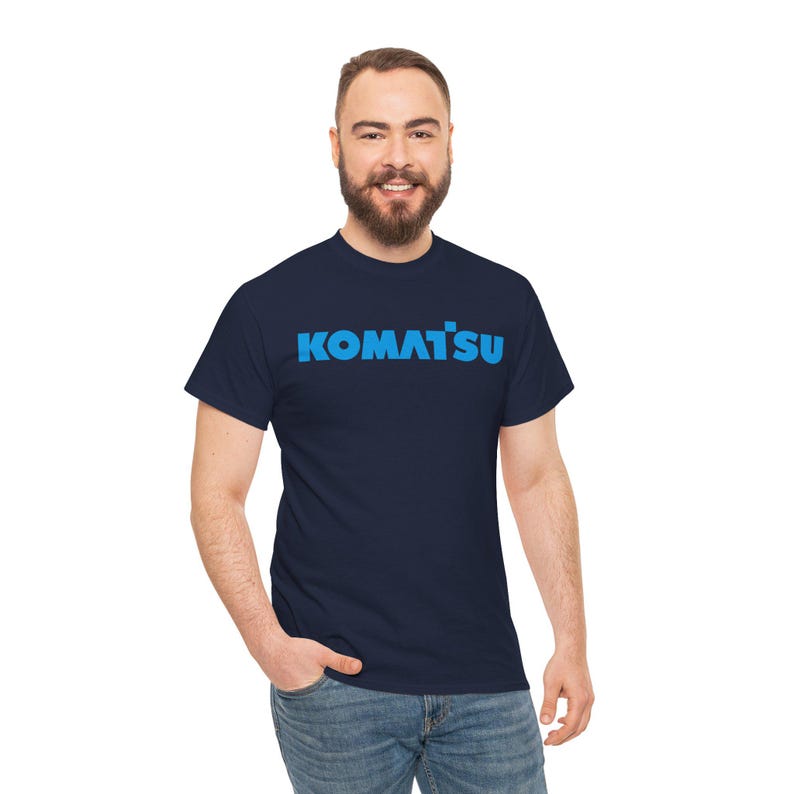 Komatsu Logo Tee | Construction Brand Shirt, Blue Text on Black image 5