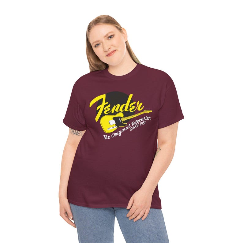 Fender Script gitaar-T-shirt | Vintage Fender-logo, oranje rockshirt afbeelding 4