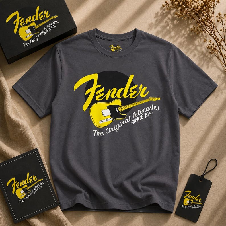 Fender Script gitaar-T-shirt | Vintage Fender-logo, oranje rockshirt afbeelding 1