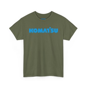 Komatsu Logo Tee | Construction Brand Shirt, Blue Text on Black Military Green