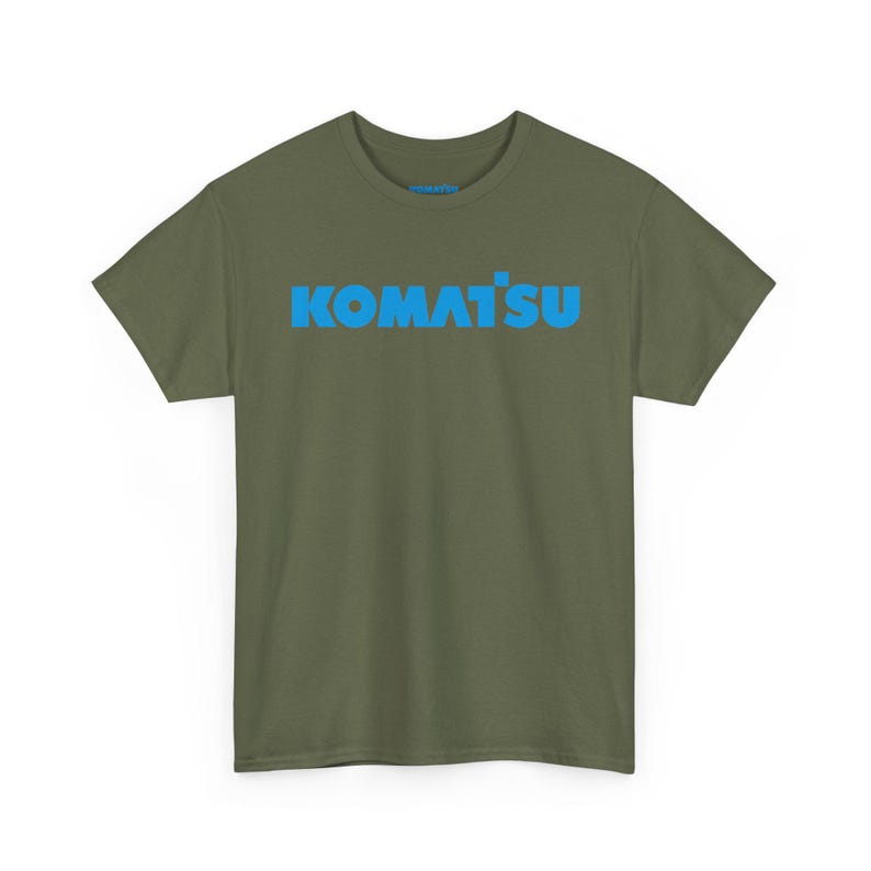 Komatsu Logo Tee | Construction Brand Shirt, Blue Text on Black Military Green