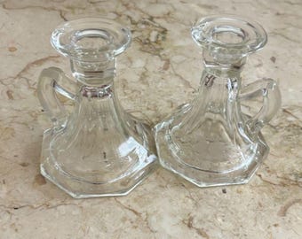 Vintage Pair Chamber Candle Stick Holders Etched Floral w/Handle Loop MINT COND