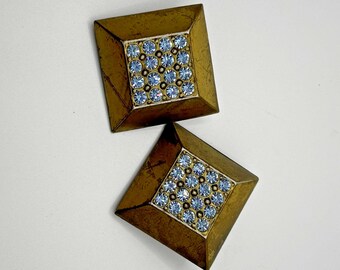 Pendientes de clip vintage con diamantes de imitación, cuadrados, tono dorado, joyería retro, estilo cóctel, decoración.