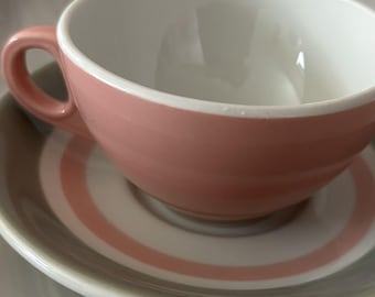 Juego de taza y platillo de porcelana vintage Shenango con rayas rosas y grises (1) 6 oz