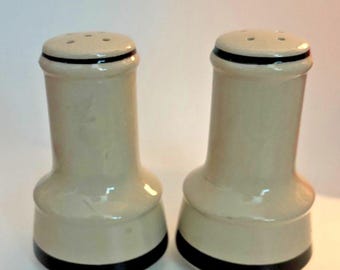 Vintage Salt & Pepper Shaker Set Cream/Brown Stripe Japanese Stoneware Mint Cond