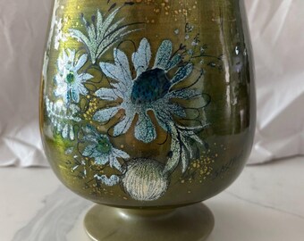 Vintage MCM Art Sascha Brastoff Enamel Green & Blue Floral Cachepot Hand Painted