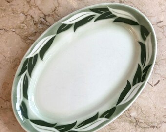 Vintage Jackson China Oval Platter Green Leaves Thanksgiving Christmas USA Made