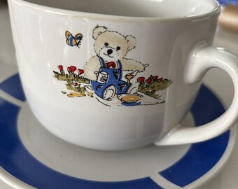 Vintage CIB 1980s Teddy Bear Illustrated Cup & Saucer New In Box Never Used