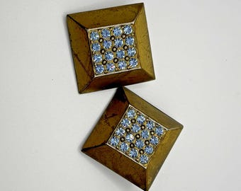 Vintage Rhinestone Clip On Earrings Square Gold Tone Jewelry Retro Cocktail Deco