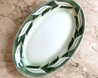 Vintage Jackson China Oval Platter Green Leaves Thanksgiving Christmas USA Made