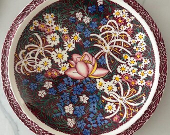 Plato redondo Vernon Kilns Lei Lani Aloha de 26,7 cm (10,5 pulgadas), diseño vintage de Don Blanding, fabricado en EE. UU.