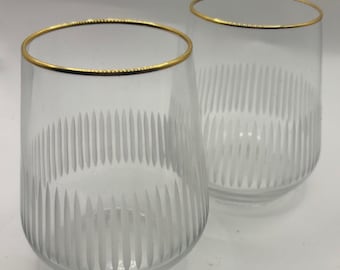 2 Vintage Pasabahce Stemless Weingläser Gold umrandetes geätztes Muster der Türkei
