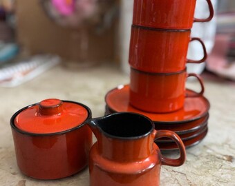Vintage Melitta Orange Coffee Set 3 Cups 4 Saucers Creamer/Sugar Bowl German 60s