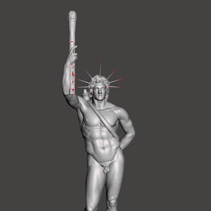 May include: A gray statue of a nude male figure holding a torch aloft. The figure has a crown of rays and stands on a white rectangular base. The torch and arm have red accents.